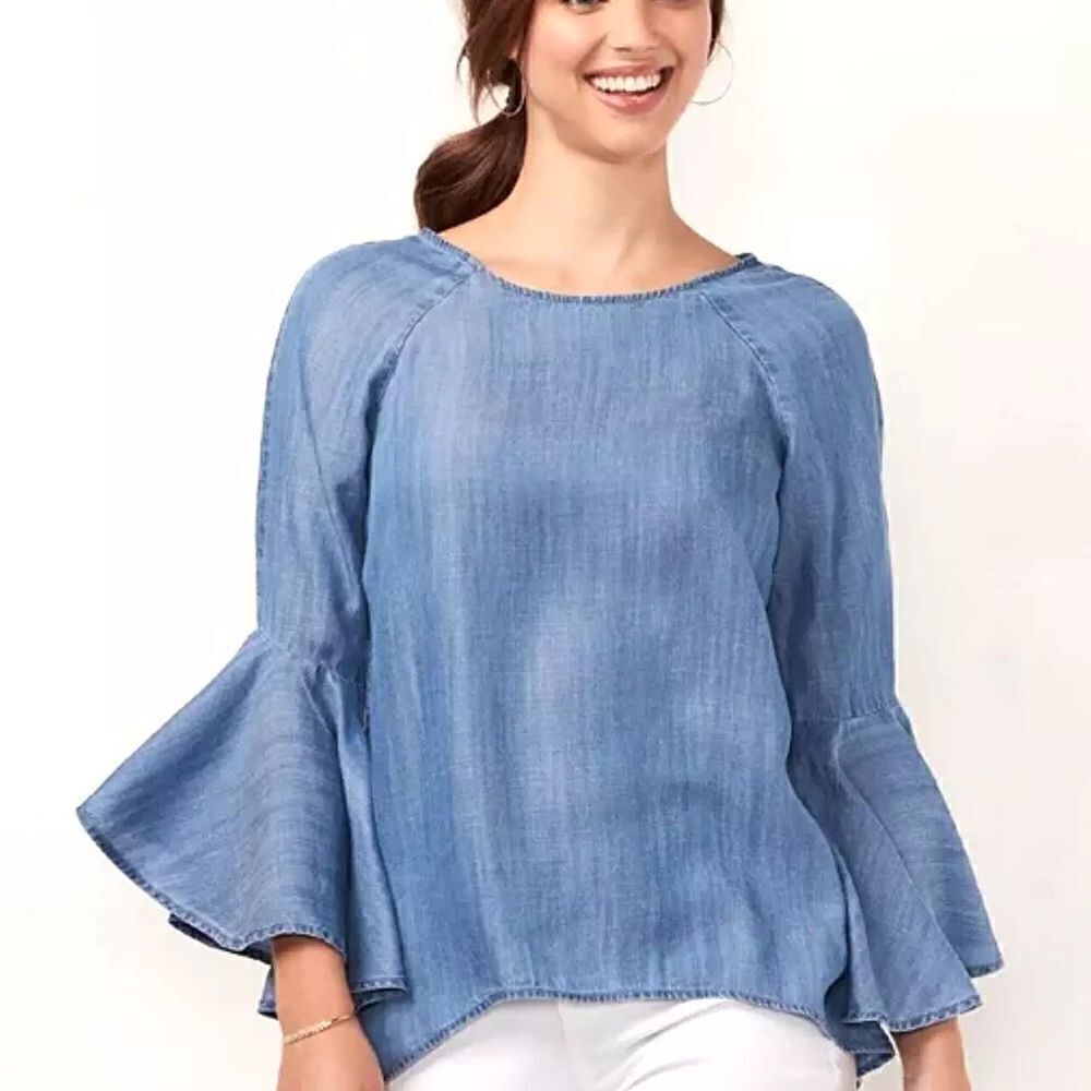 LC Lauren Conrad Chambray Bell Sleeve and Split Back Blouse Top